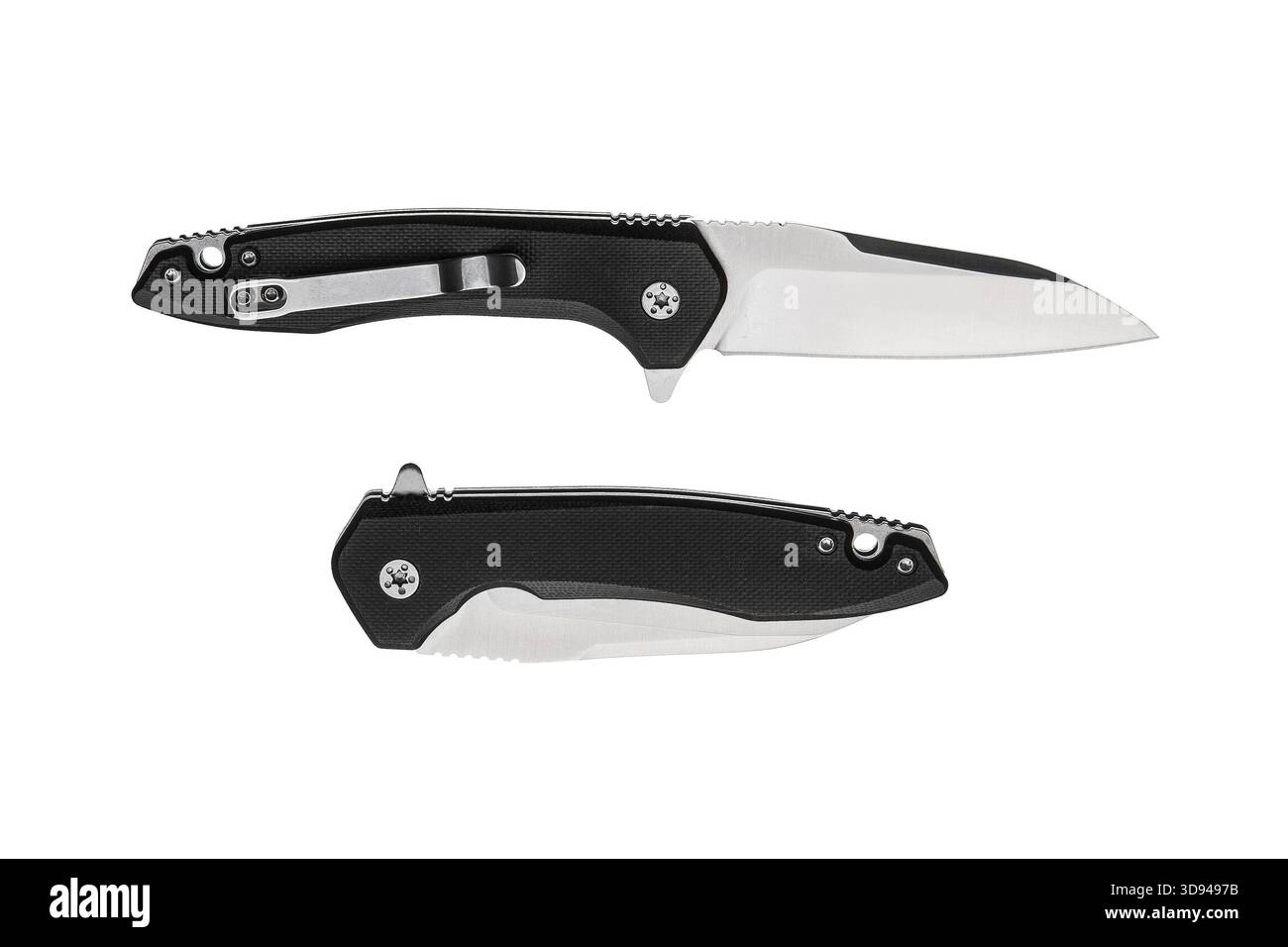 A modern folding pocket knife displayed open and closed, featuring a black handle and a silver blade. Stock Photo