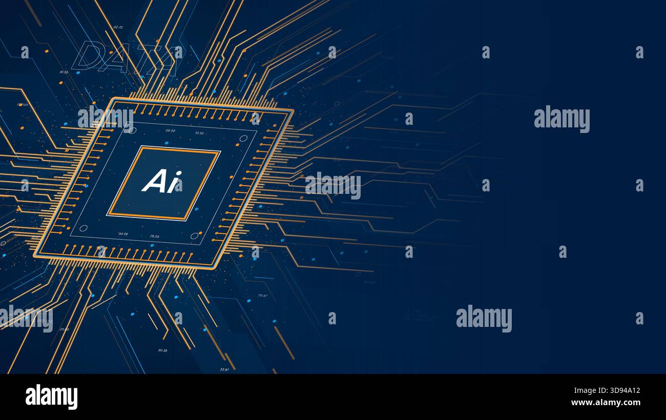 AI digital quantum chip with glowing circuitry high tech in perspective, Artificial Intelligence and Machine Learning technology background, neural ne Stock Vector