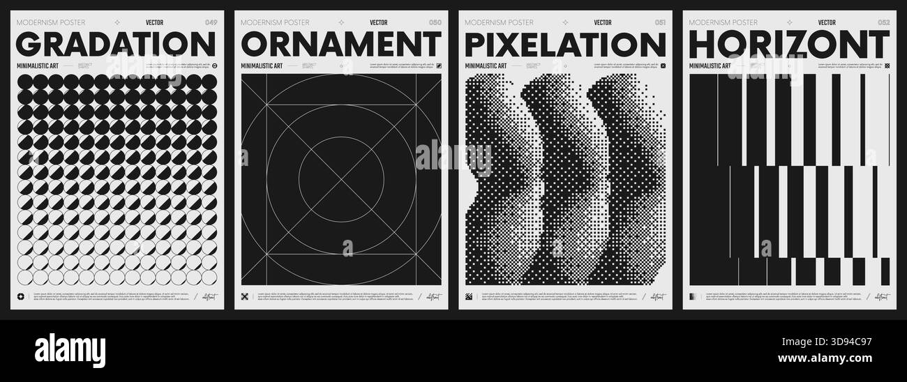 Modern abstract poster collection, vector minimalist posters with geometric shapes in black and white, brutalist style inspired graphics, bold aesthet Stock Vector