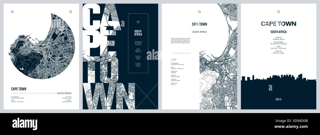 Set of travel posters with Cape Town, detailed urban street plan city ...