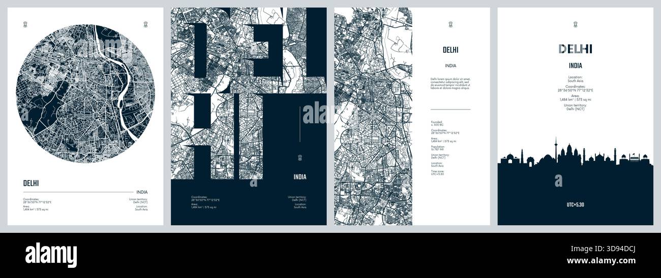 Set of travel posters with Delhi, detailed urban street plan city map ...