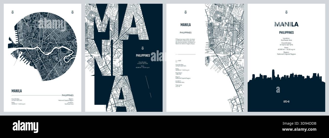 Set of travel posters with Manila, detailed urban street plan city map ...