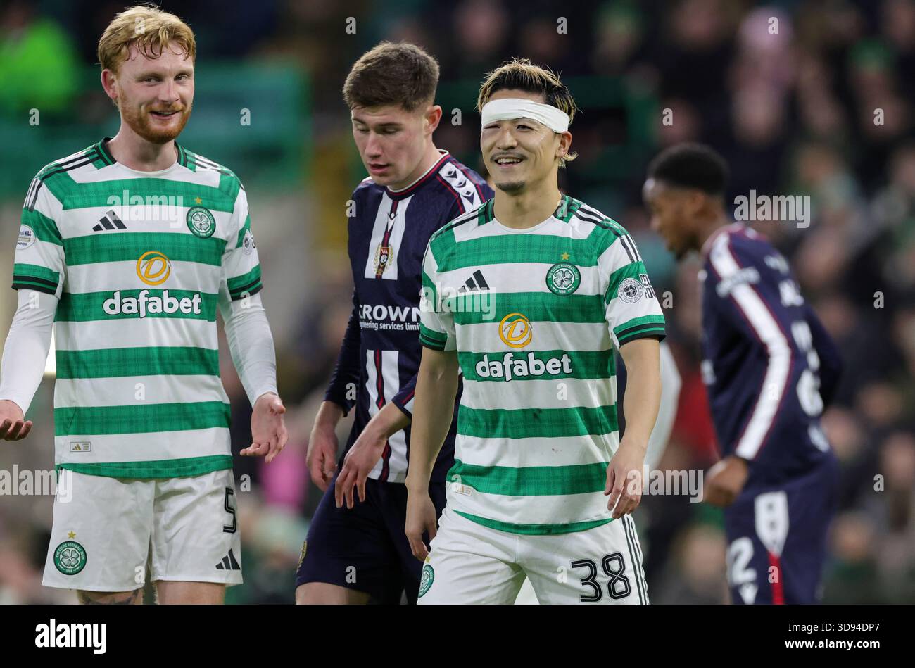 Celtic's Daizen Maeda wearing a bandage for a head injury after scoring ...