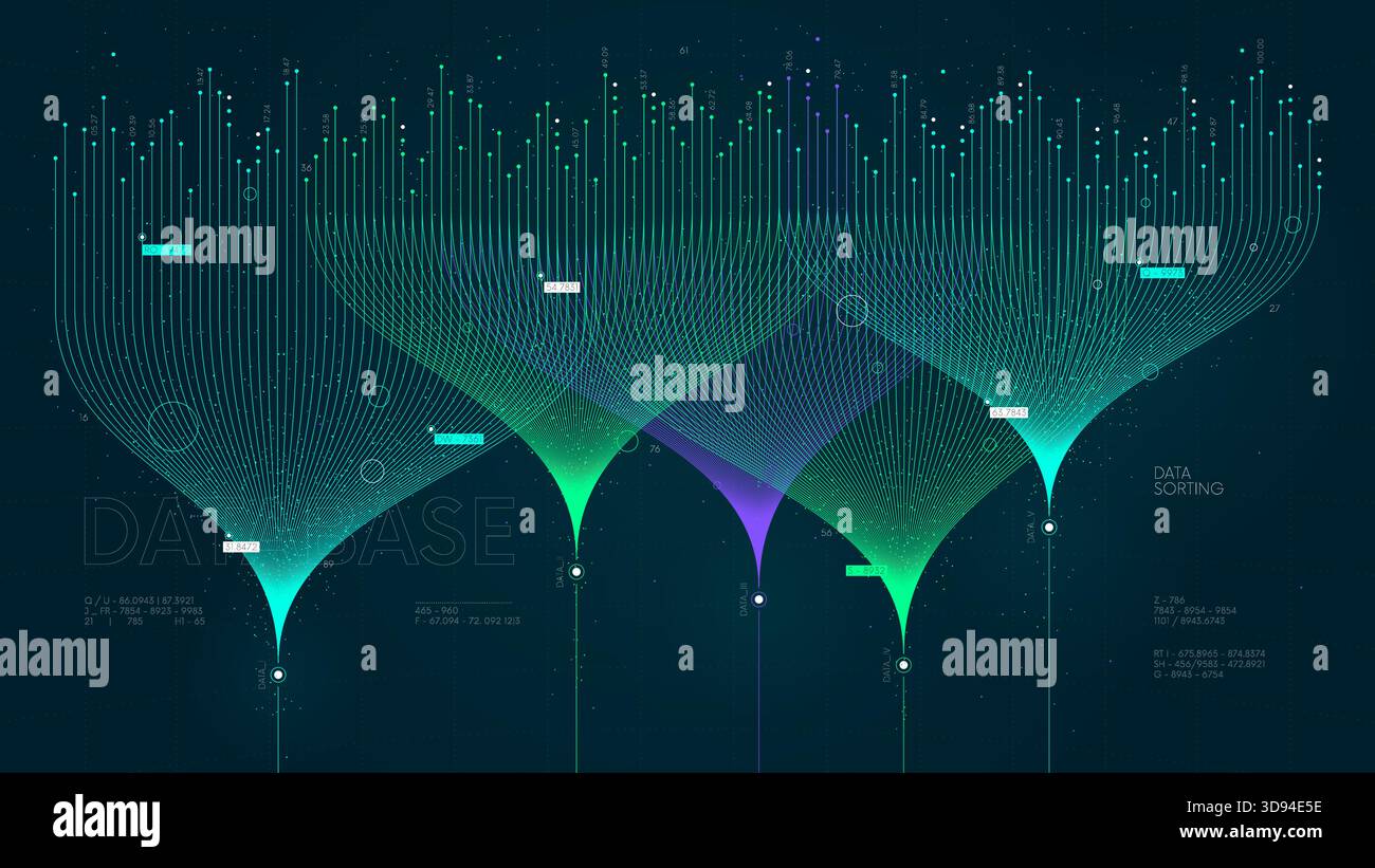 Vector visualization information stream analysis, machine data sorting, Big data technology and network analyzing, AI deep learning machine learning a Stock Vector