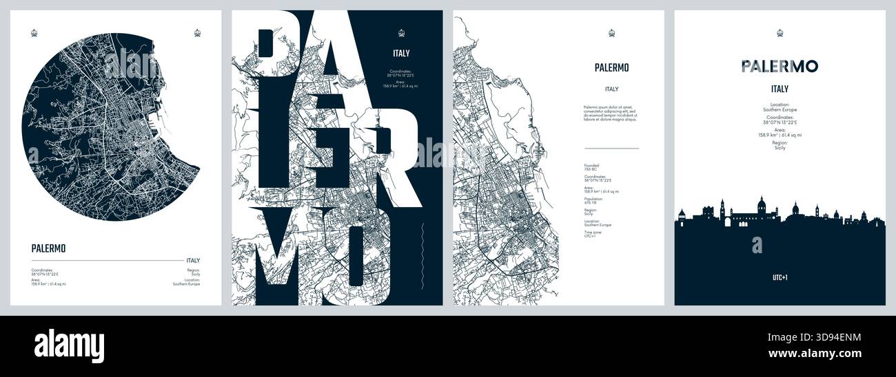 Set of travel posters with Palermo, detailed urban street plan city map ...