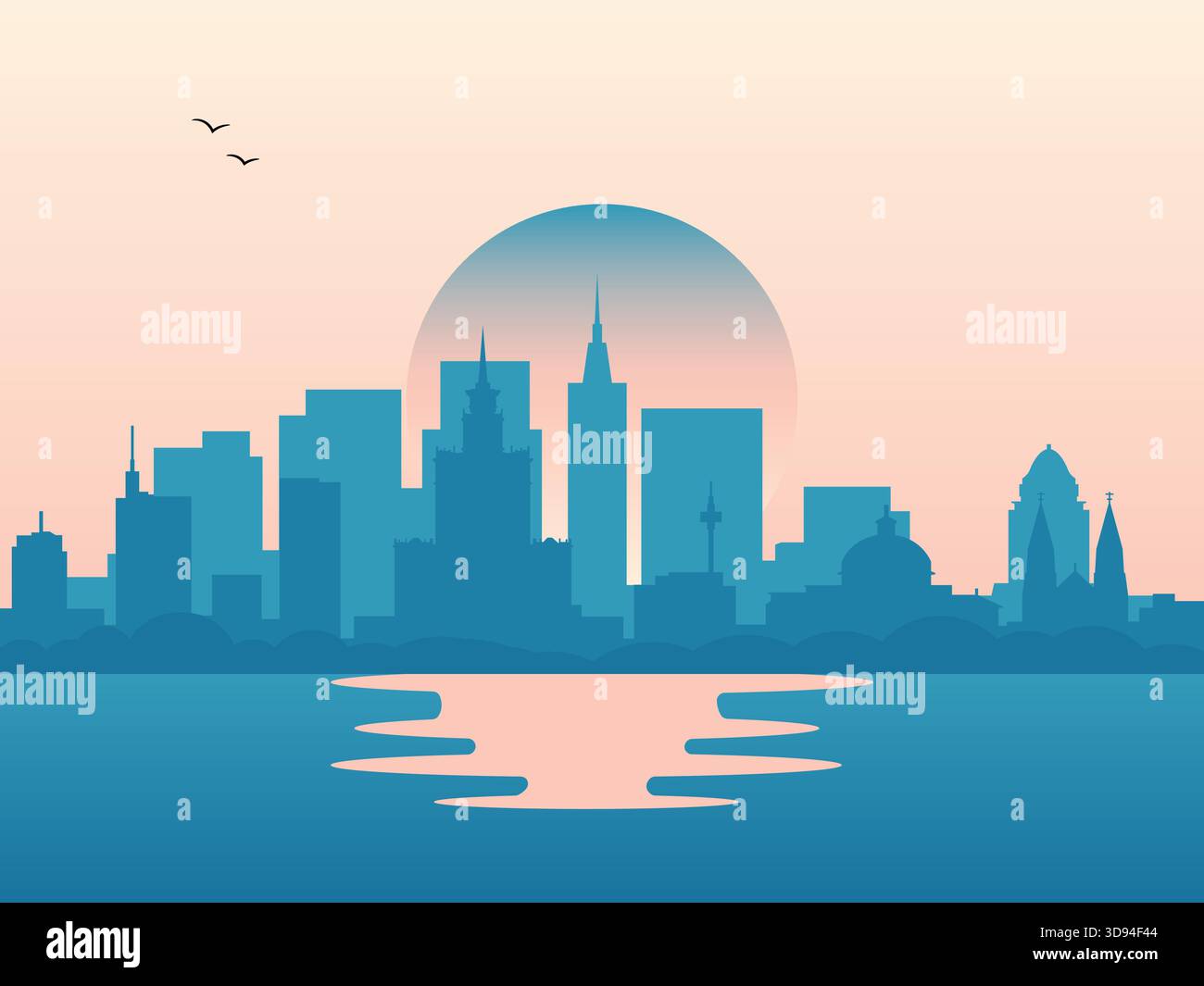 Modern Warsaw skyline silhouette with soft pastel gradient sunset ...