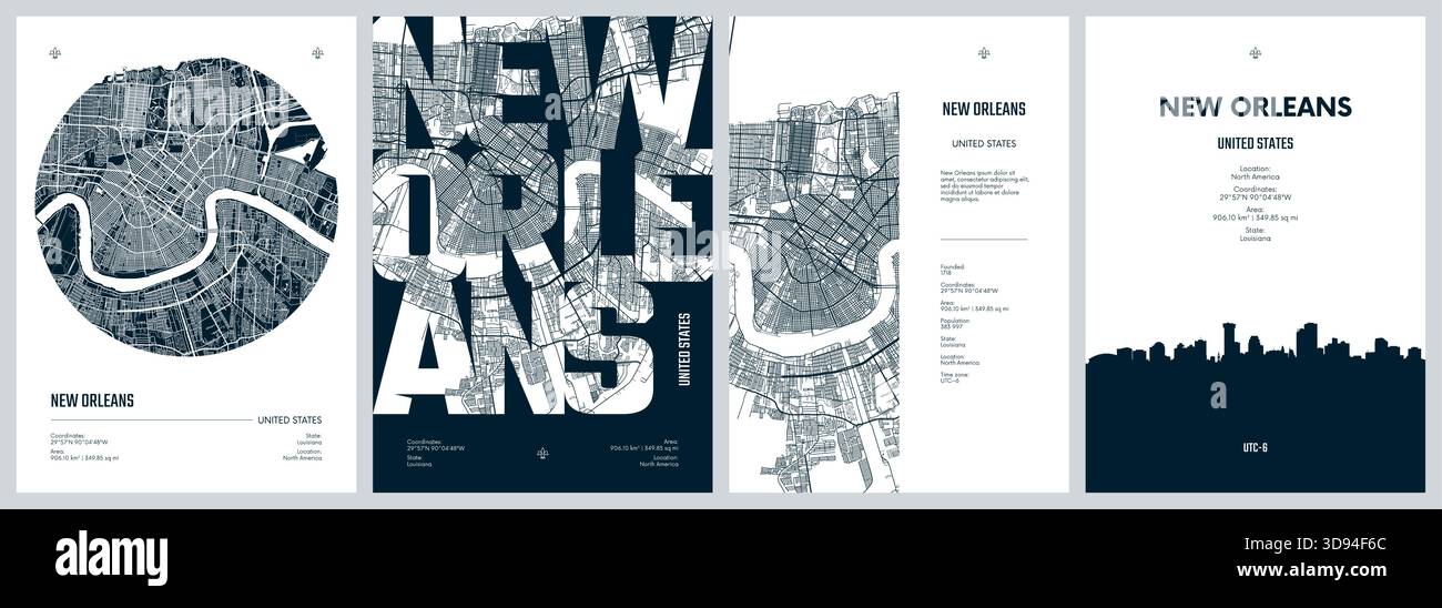 Set of travel posters with New Orleans, detailed urban street plan city ...