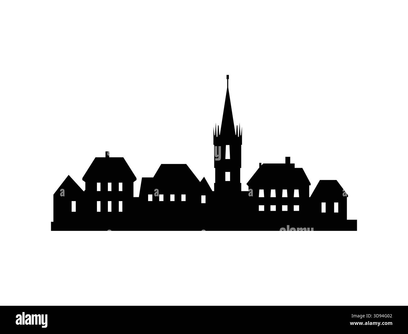 Town skyline silhouette. Small houses with tall church spire. Simple ...