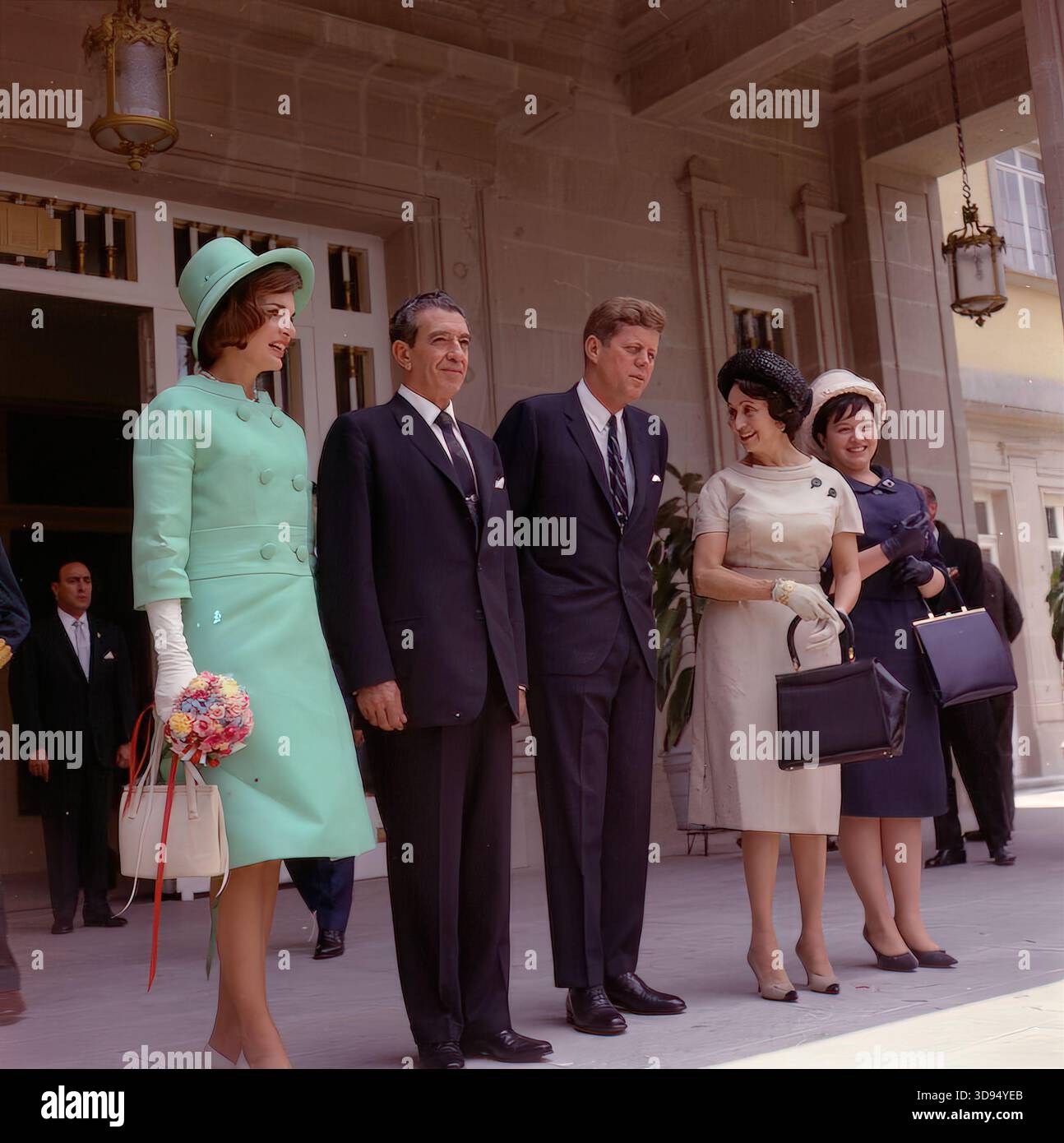 JFK and Jacqueline Kennedy Stand with President Lopez Mateos at Los Pinos in Mexico Stock Photo