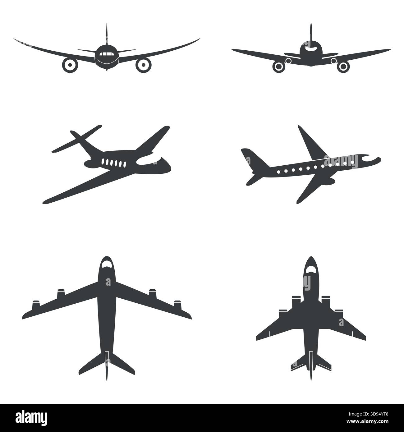 Airplane Silhouettes Set. Commercial Jet Plane Icons Front Side Top ...