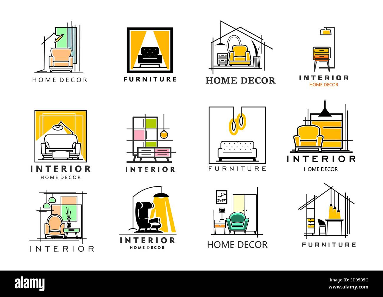 Home interior icons with vector line furniture and house decor elements ...