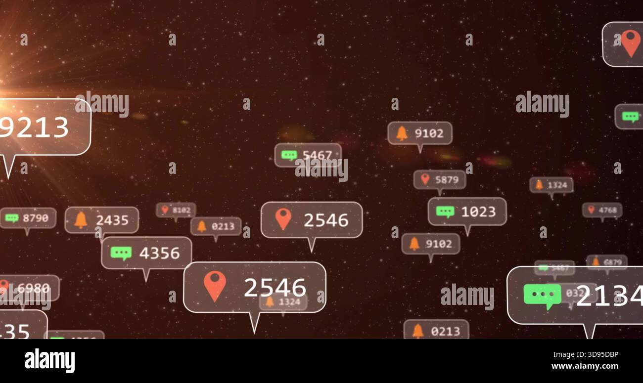 Floating notification bubble displaying 2546 drifting in dark data-space, with red map-pin icons Stock Photo