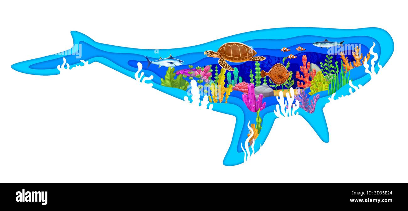 Paper cut whale silhouette with underwater landscape, sea animals and ...