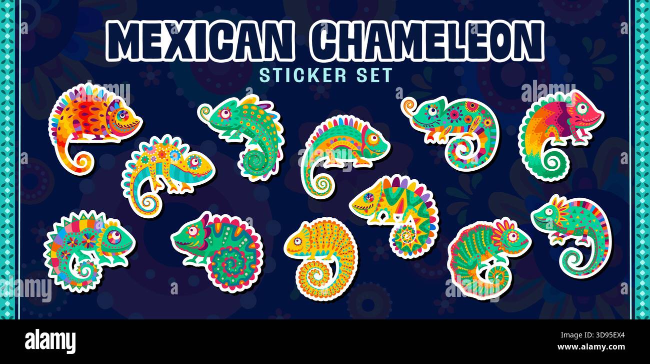 Cartoon Mexican chameleon stickers pack of funny lizards, vector exotic ...