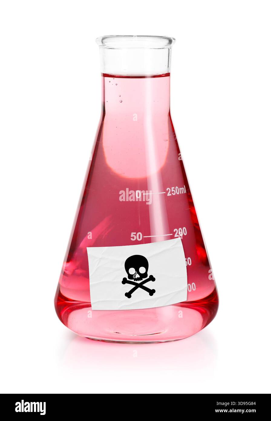 Poison in conical flask isolated on white. Laboratory glassware with ...