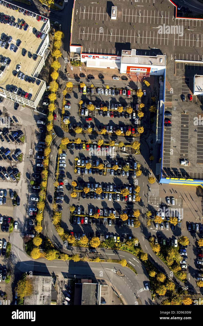Parking lot of the Roller furniture store with deciduous trees with autumn leaves, Essen, Ruhr area, North Rhine-Westphalia, Germany Stock Photo