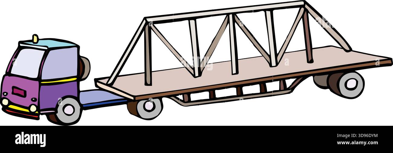 An illustration of a purple truck with a blue cab transporting a wooden bridge structure on a flatbed trailer Stock Vector