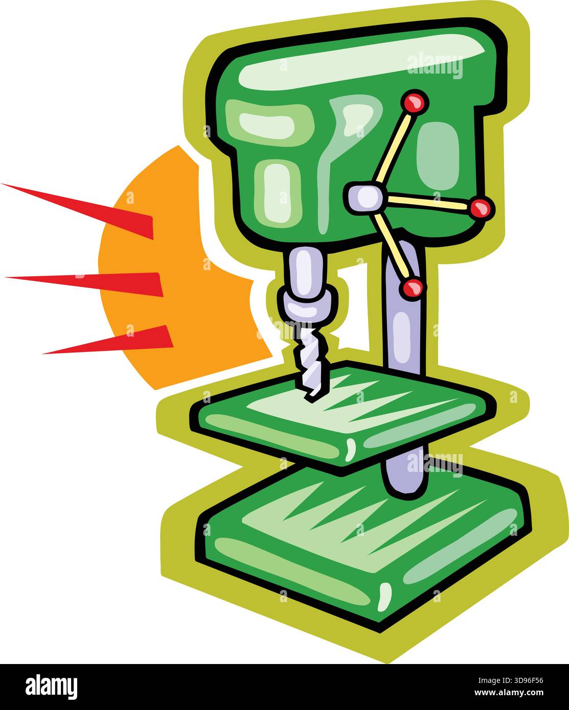 An illustration of a drill press with a green body, purple handle, and white drill bit Stock Vector