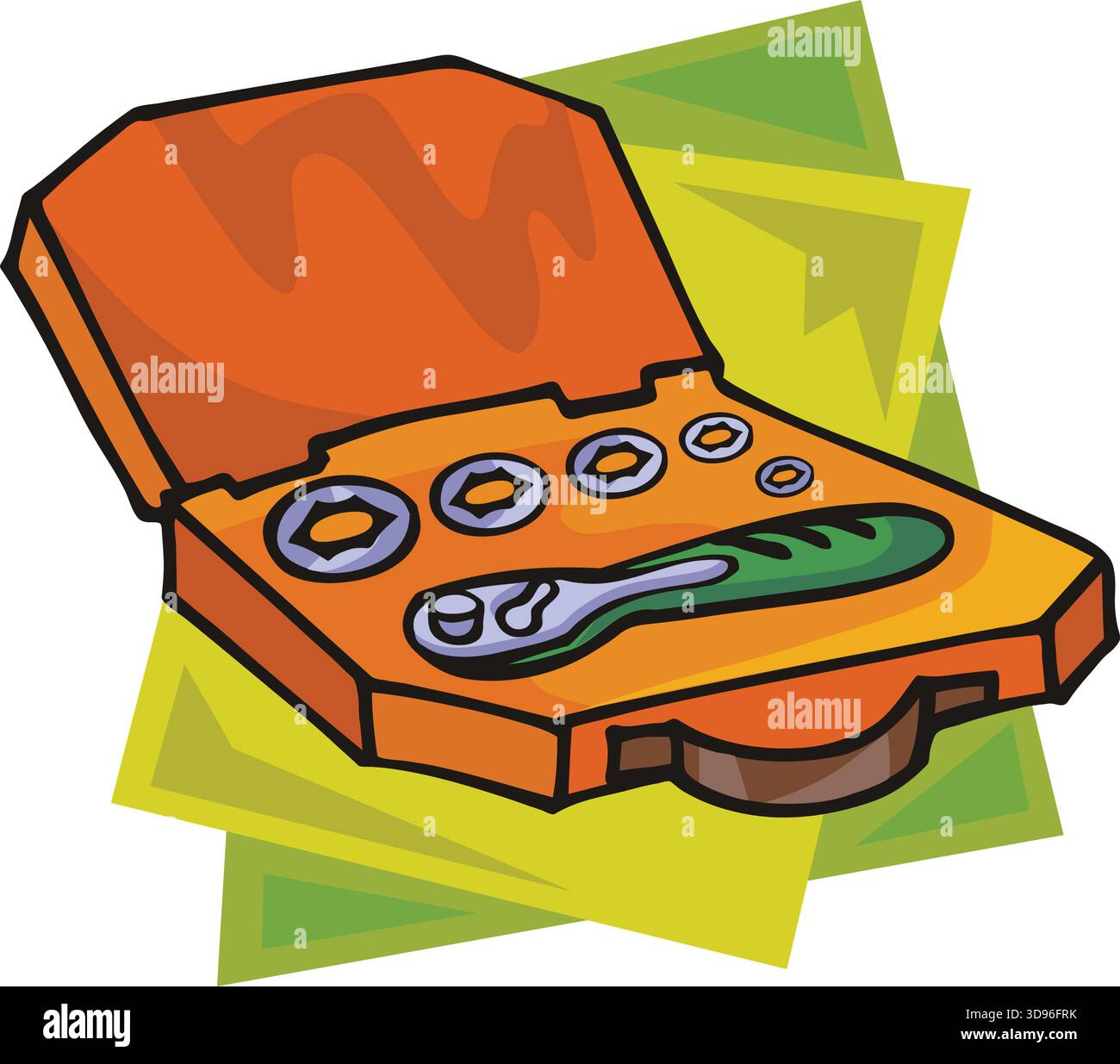 An illustration of an orange case containing a set of wrenches and a green-handled tool in a cartoon style Stock Vector