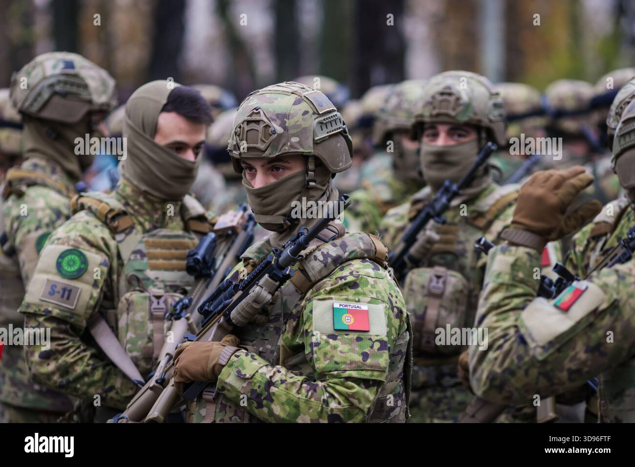 Bucharest, Romania - December 1, 2025: Portuguese soldiers preparing to attend the Romanian National Day military parade. Stock Photo