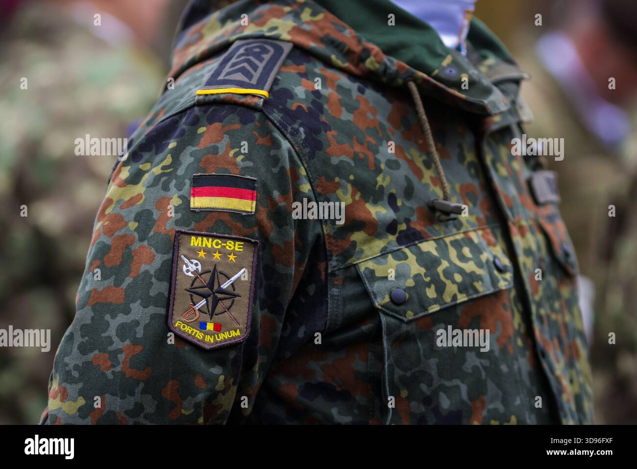 Bucharest, Romania - December 1, 2025: Patch on the uniform of a German soldier preparing to attend the Romanian National Day military parade. Stock Photo