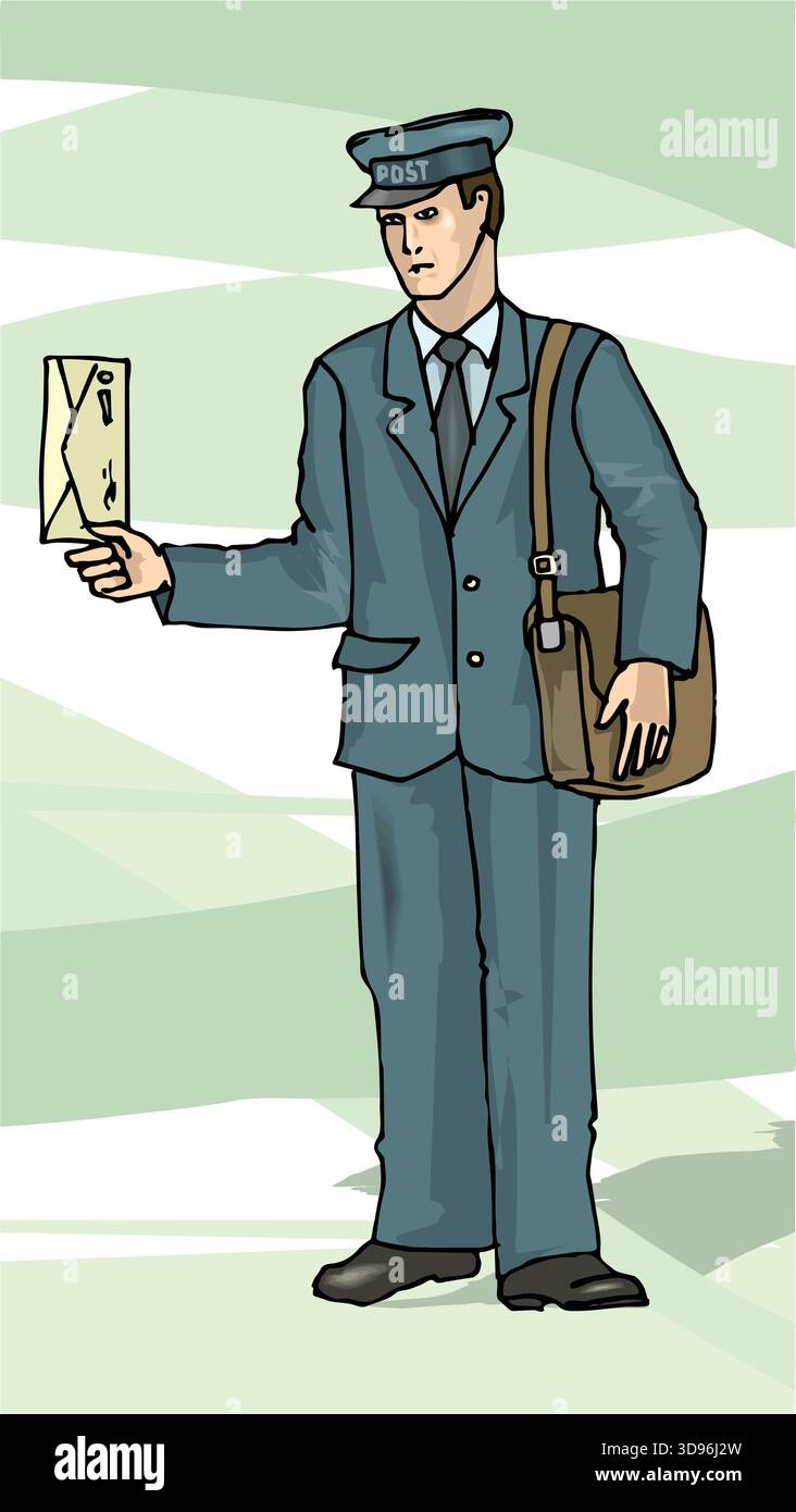 A cartoon-style illustration of a postman in a blue uniform with a cap ...