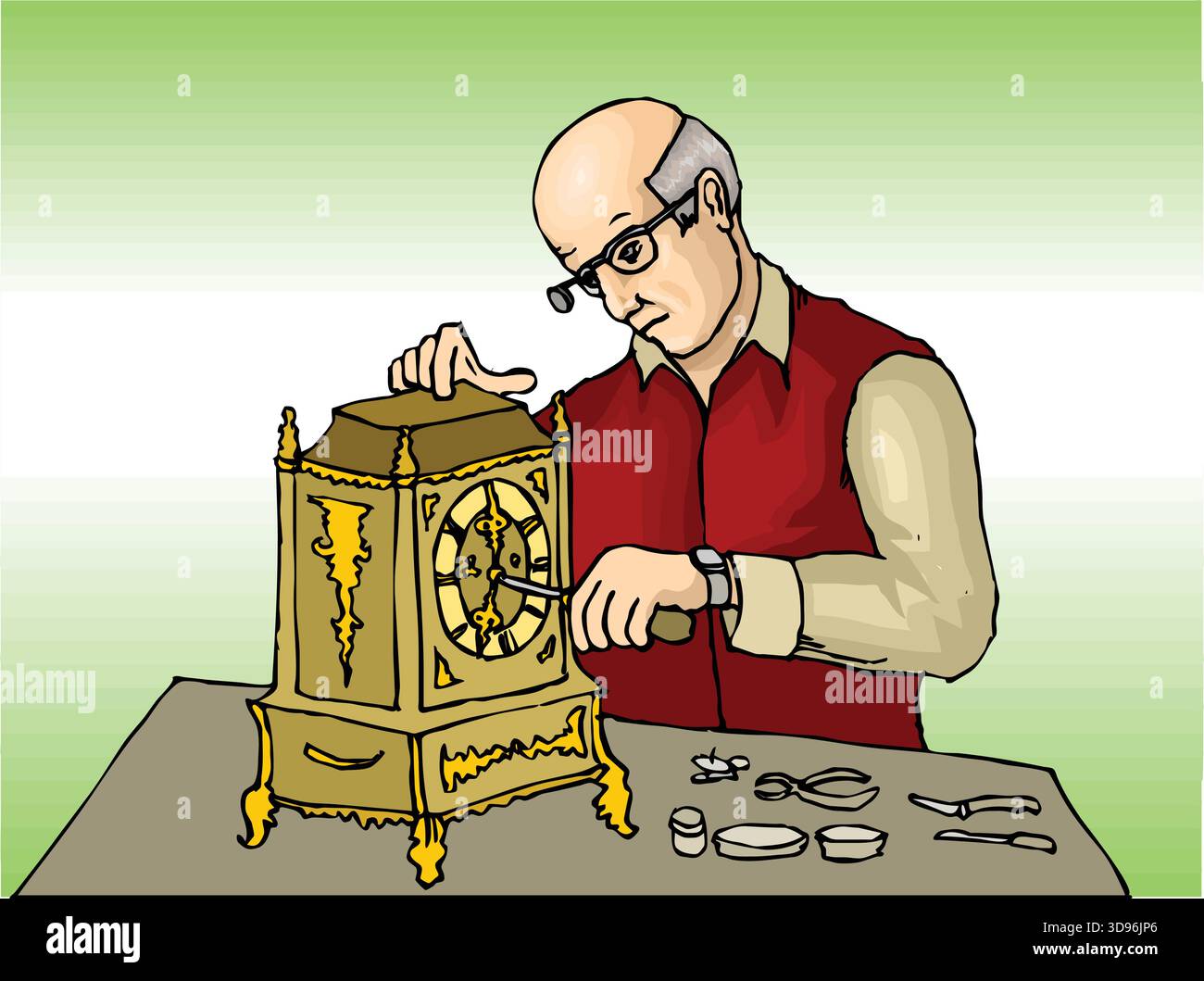 illustration of a clockmaker in a glasses, repairing a vintage clock ...