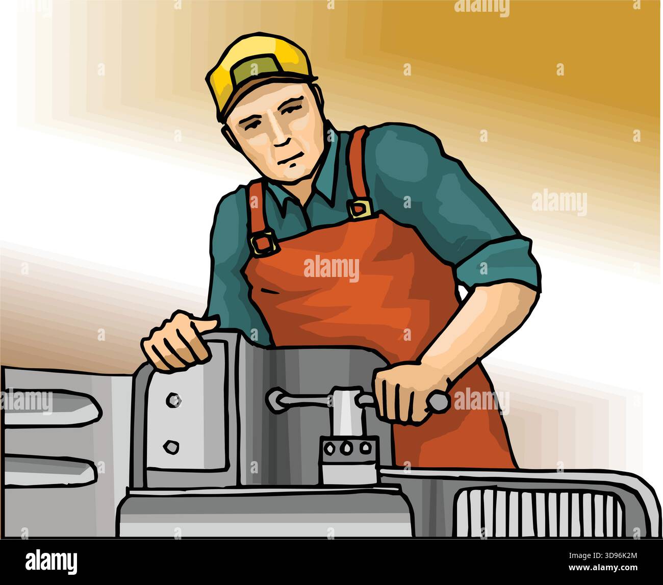 illustration of a worker wearing a hard hat , operating a milling machine Stock Vector