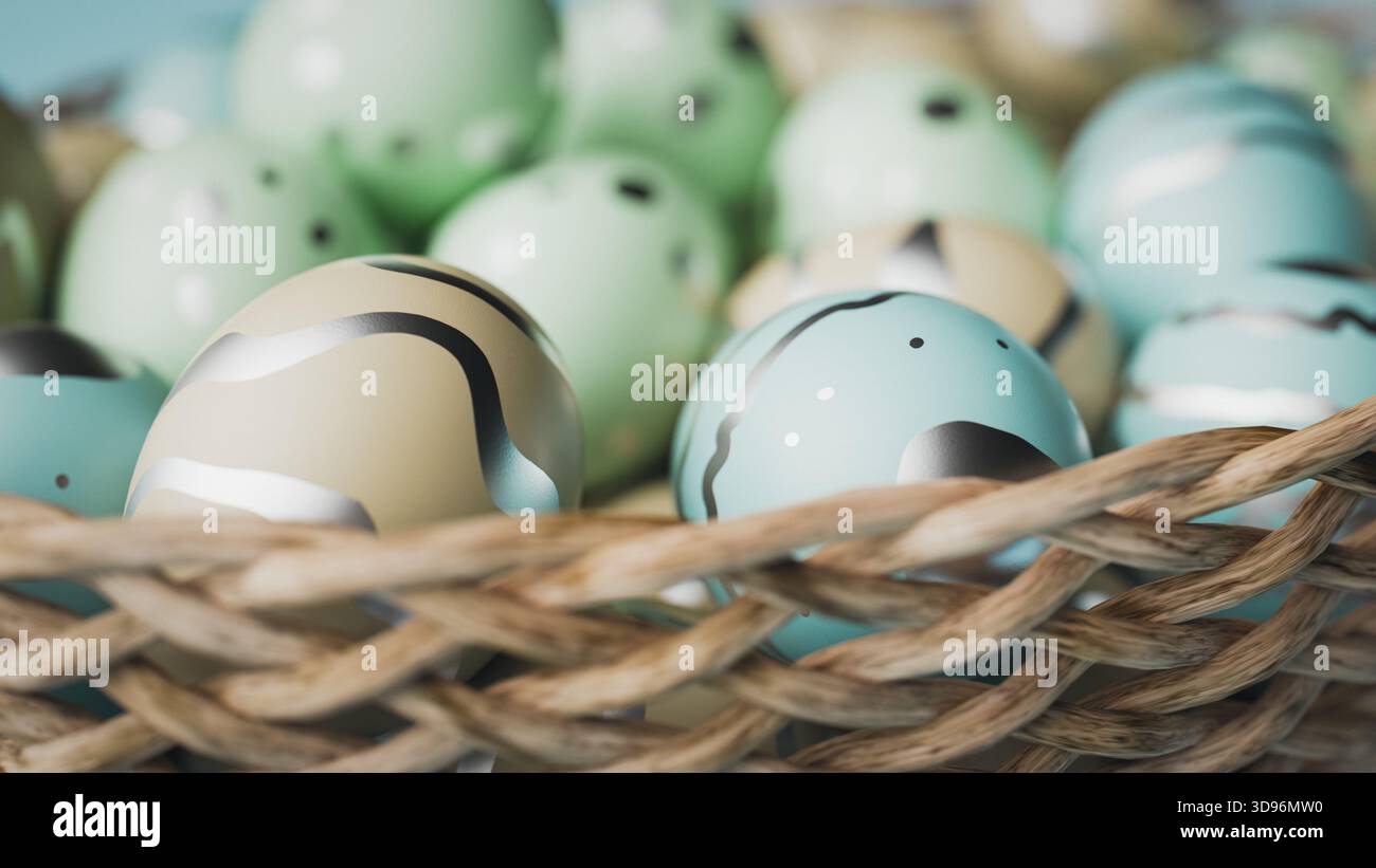 Pastel Easter Eggs In Basket With Silver Decoration Close Up. 3d rendering Stock Photo