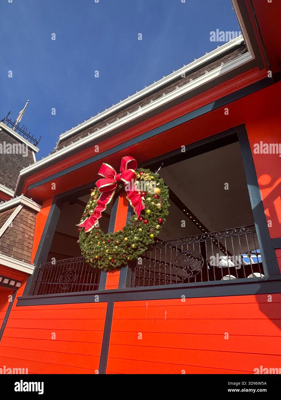 Christmas Wreath on Red Building at Santa Cruz Boardwalk - Smartphone Captured Stock Image