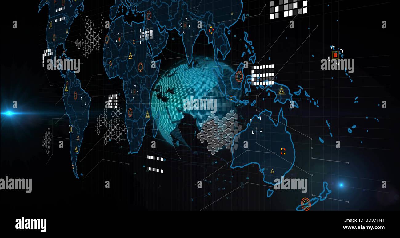 Displaying cyan globe floating over digital dashboard, showing blue map, hex nodes, data panels Stock Photo
