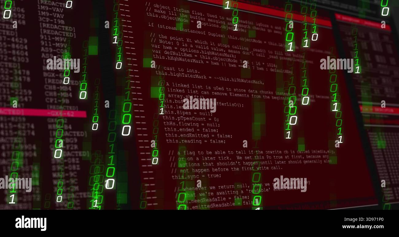 Streaming green binary rain flowing over red code windows in virtual lab, showing monospaced code Stock Photo