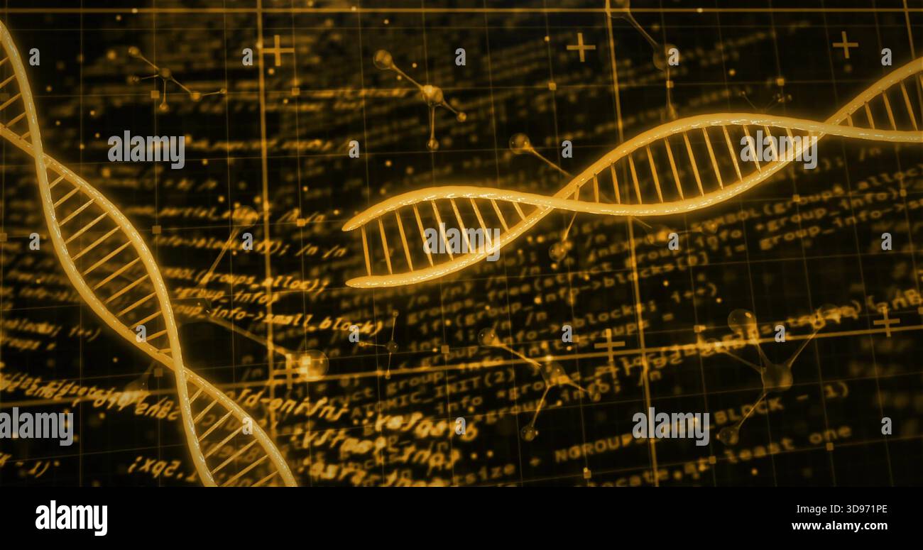 Floating golden DNA double helix centering in digital interface, with formulas and grid Stock Photo
