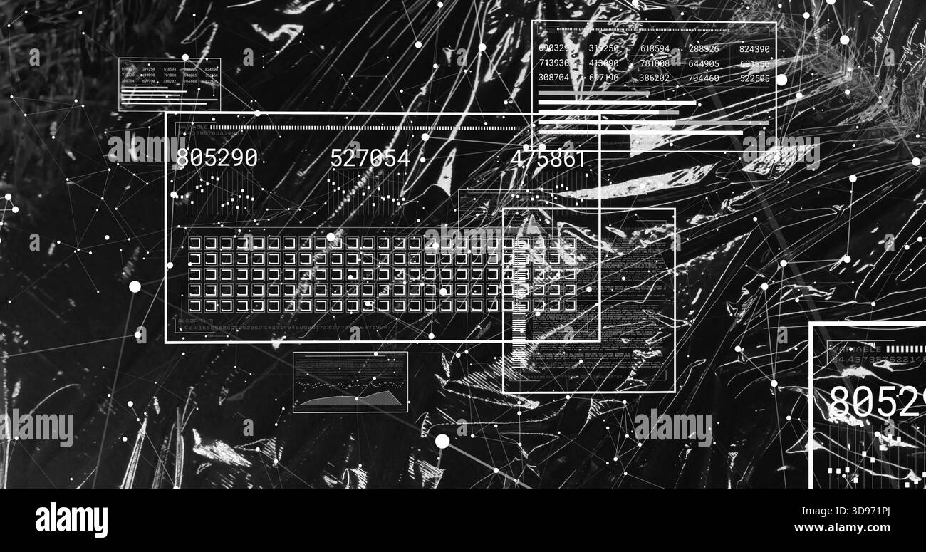 Displaying central white-outlined data panel centering on black backdrop, with grid, numbers, nodes Stock Photo