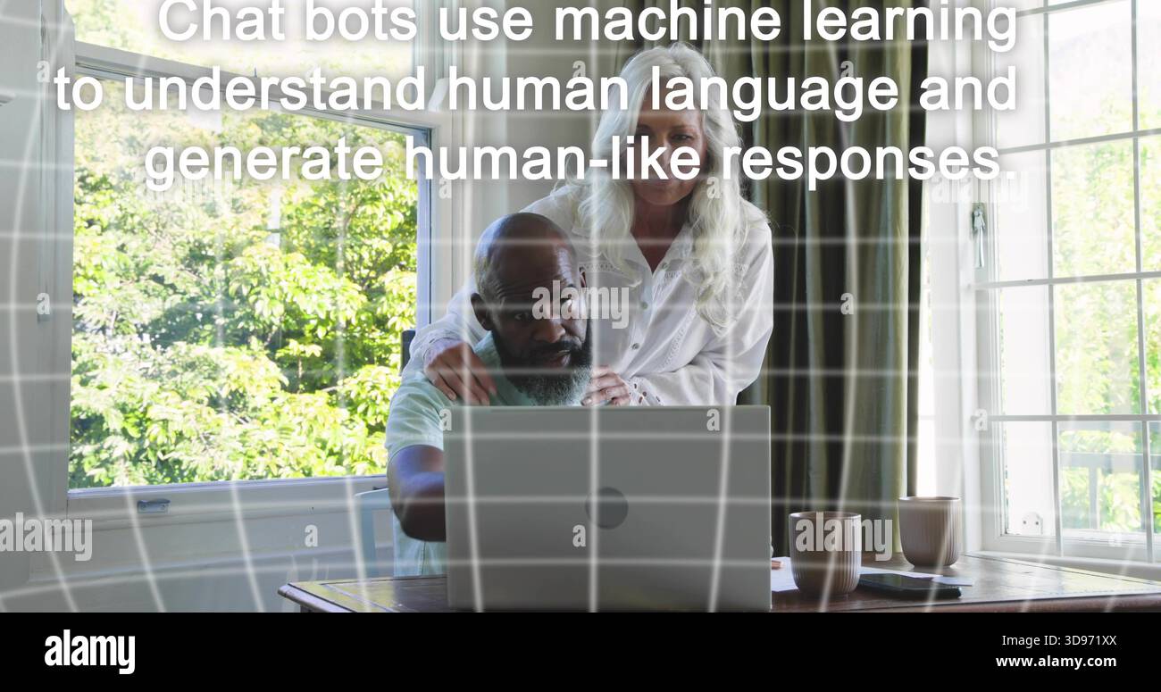 Using laptop, Black-man-in-tee at table by windows, woman-in-white resting hands, mugs, overlay Stock Photo