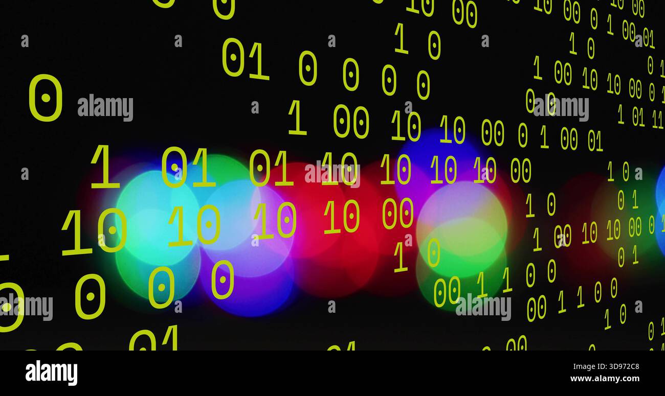 Glowing yellow binary digits forming vertical columns over digital studio, with colorful bokeh Stock Photo