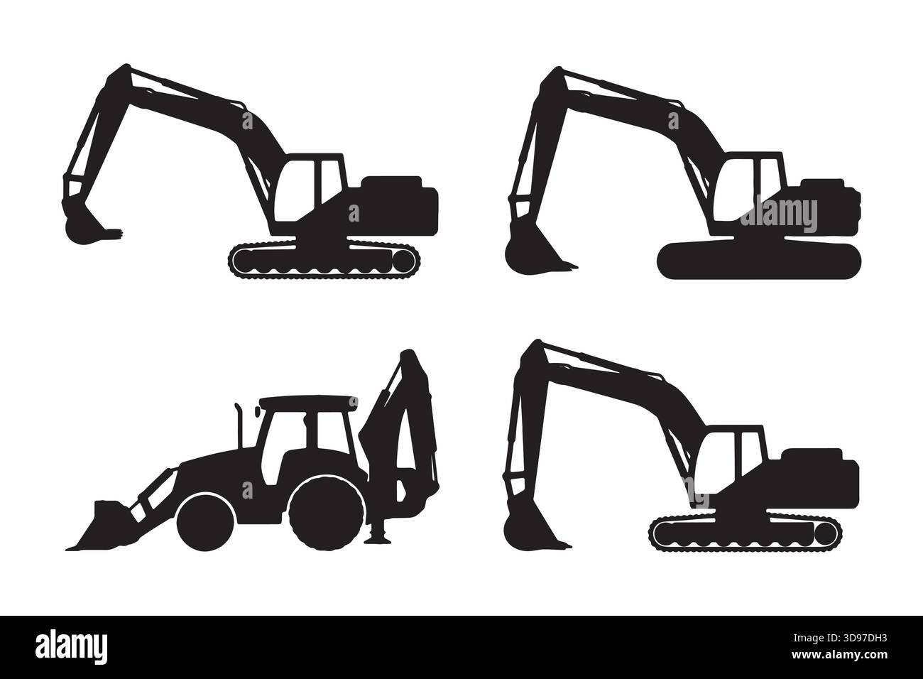Silhouetted Excavators and Construction Equipment Vector Image on White Background Stock Vector