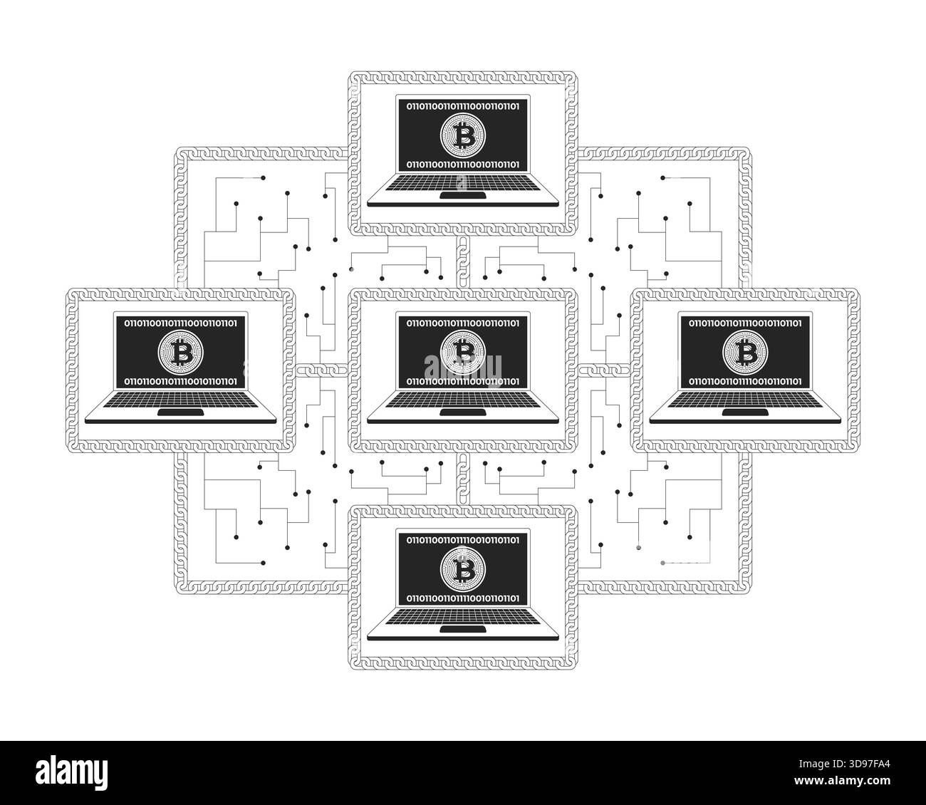 Bitcoin blockchain network of connected computers line illustration concept Stock Vector