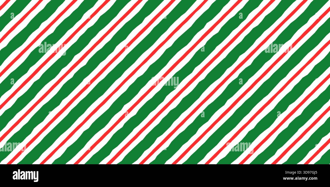 Thick and thin diagonal red and green stripes vector seamless pattern, Christmas candy cane background Stock Vector