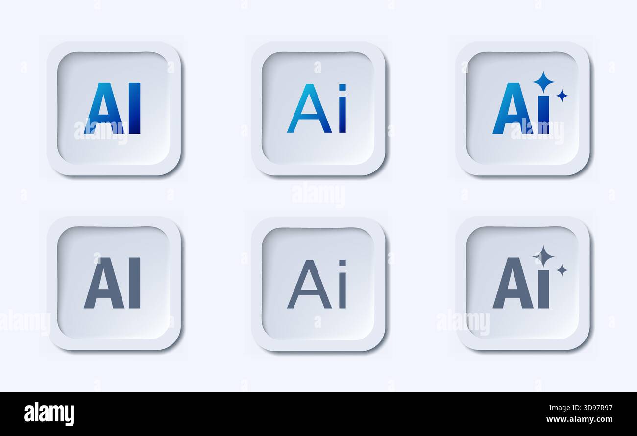 AI 3d buttons set. Artificial intelligence and process automation ...