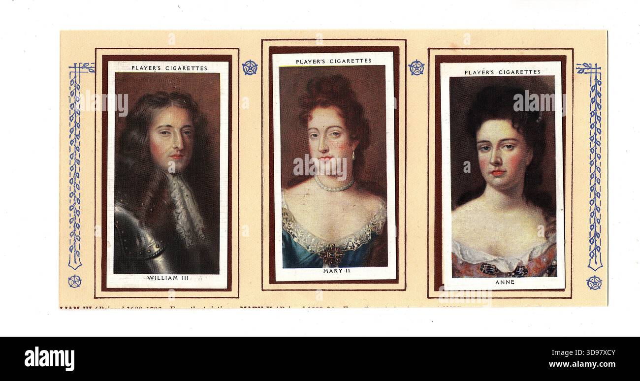 old cigarette card albums A page from a vintage cigarette card album illustrating kings and queens of  England isolated on a white background Stock Photo