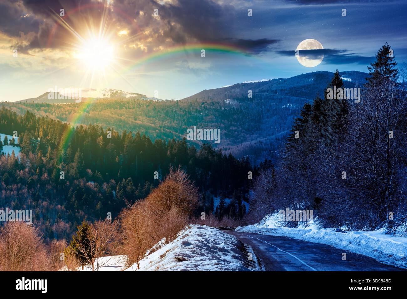country road winding through winter landscape. day and night time change concept. mountains under sun and moon at twilight. travel background with sno Stock Photo