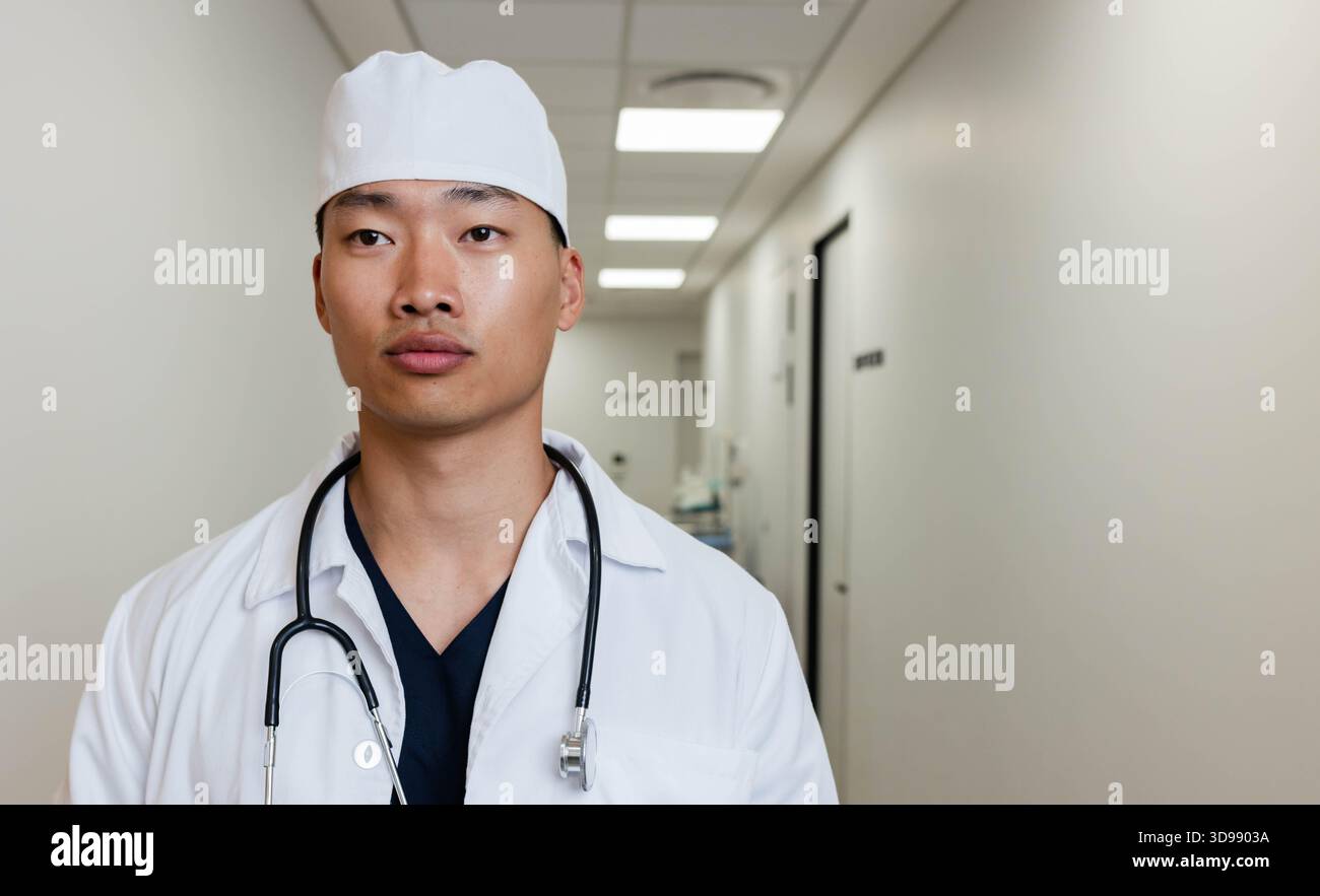 Asian male doctor standing in hospital hall wearing white coat scrubs surgical cap and stethoscope Stock Photo