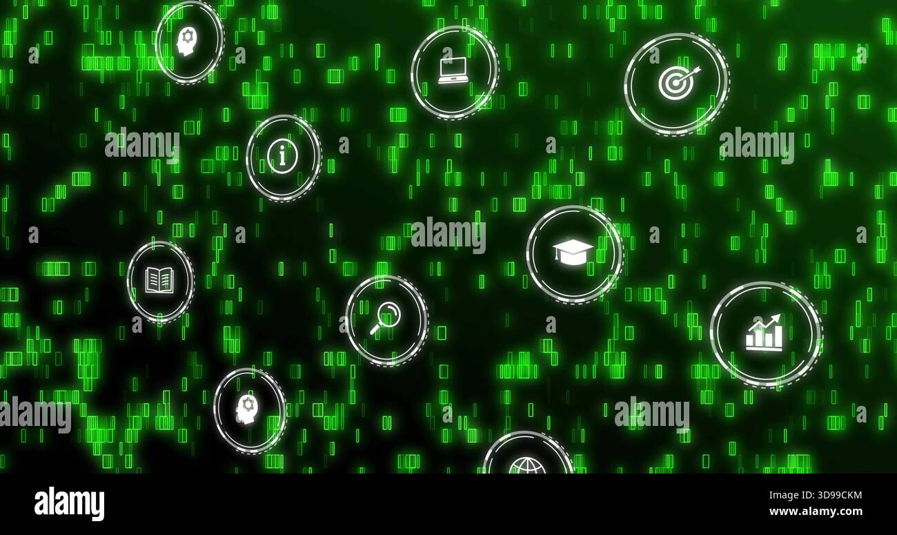 Glowing icon cluster hovering in virtual dashboard, showing laptop, globe, magnifier, green code Stock Photo