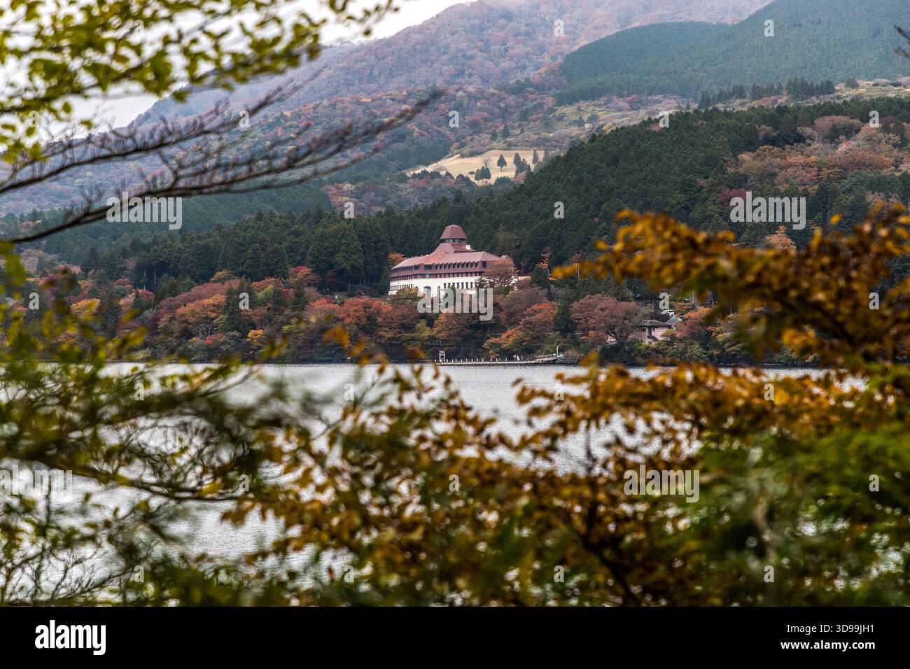 The historic Hakone Hotel on the shores of Lake Ashi, a building with a distinctive dome framed by autumn foliage, Hakone, Kanagawa Prefecture, Japan. The hotel in Moto-Hakone is one of the oldest tourist accommodation establishments in the region; the autumn-coloured mountain forests provide the backdrop on the opposite shore of the lake Stock Photo
