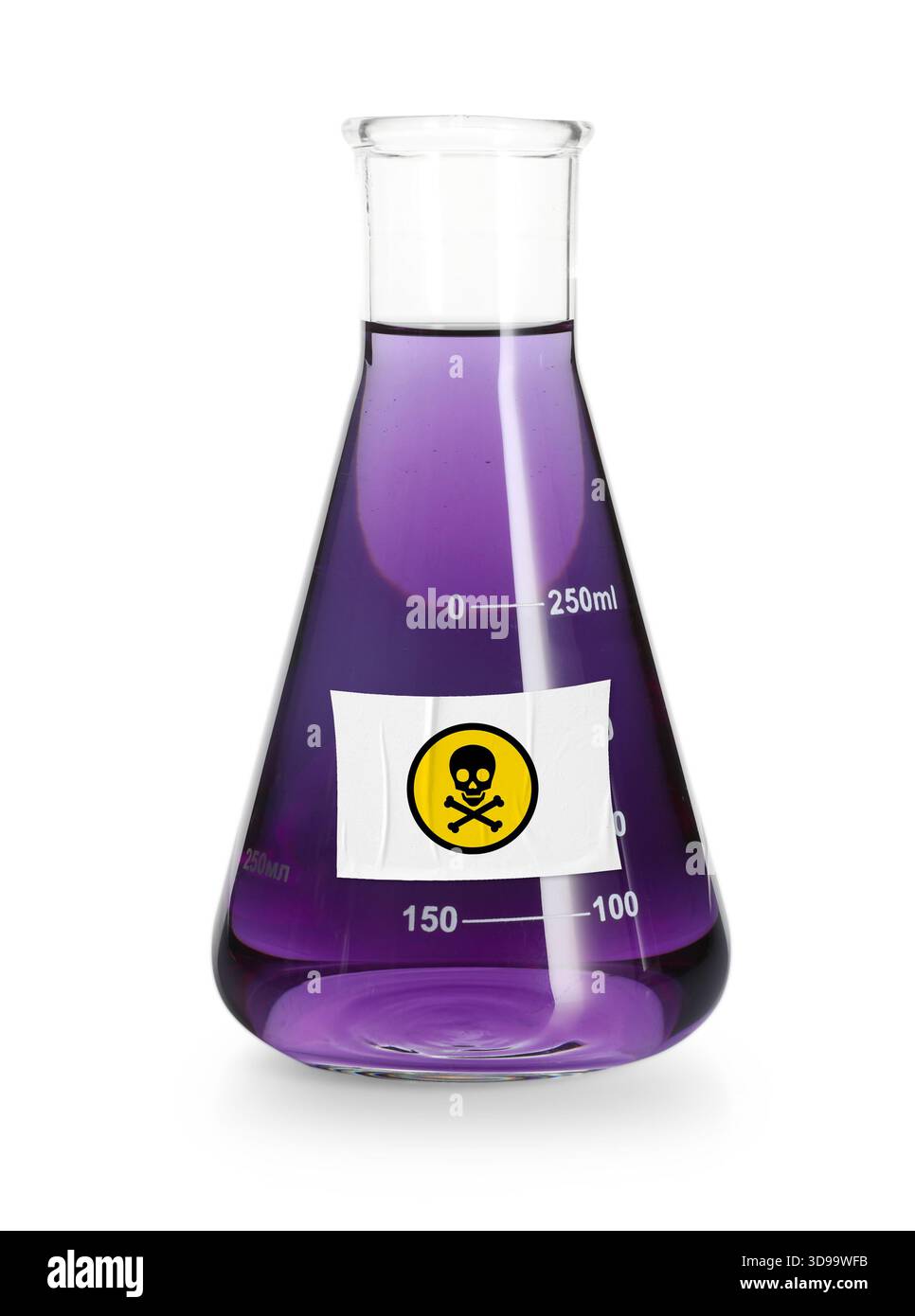 Poison in conical flask isolated on white. Laboratory glassware with ...