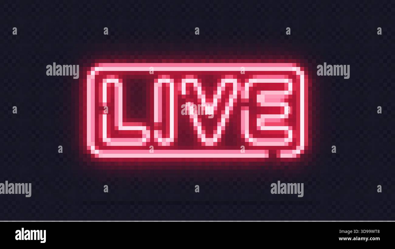 Bright red neon live sign glowing on a transparent background. A striking modern design perfect for streams, broadcasts, and digital announcements Stock Vector