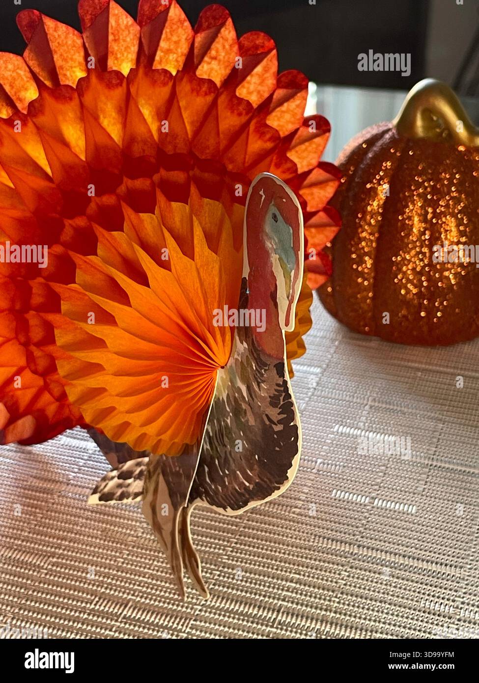 Still Life of a Honeycomb Paper Turkey Centerpiece with sparkly pumpkin decoration ready for Thanksgiving, USA  2025 - Smartphone Captured Stock Image