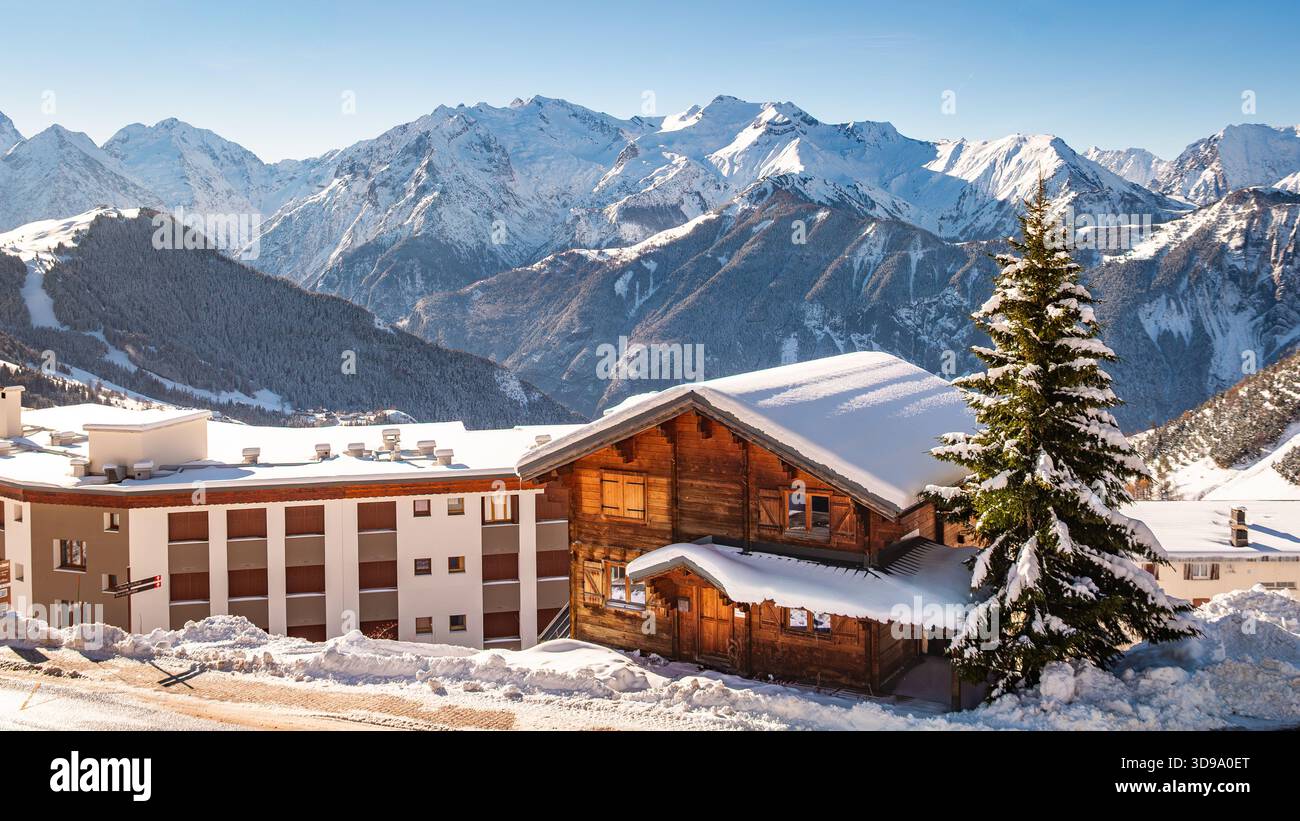 Panoramic Winter View of Alpe d'Huez in the French Alps Stock Photo