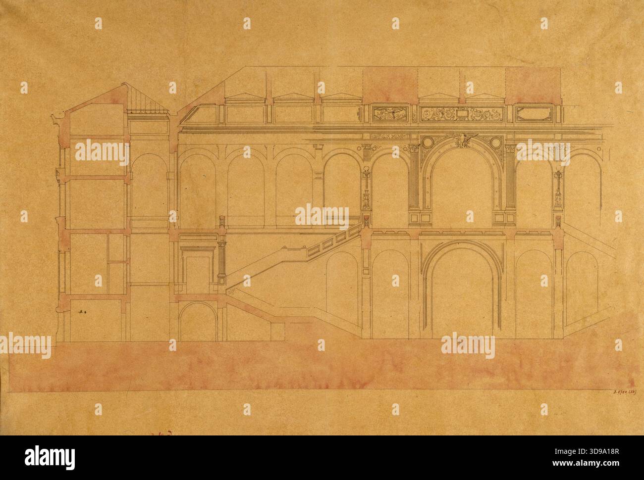 Project for the Palais de l'Industrie: section of the staircase ...